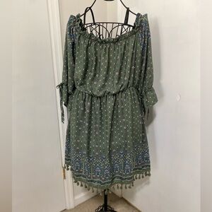 Haute Monde Women 2X Green Floral Boho Puff Sleeve Scoop Neck Mini Dress